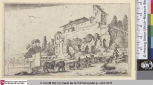 [Eine Ruinen einbindende Villa auf einer Erhöhung rechts eines Flusses; Villa incorporating Ruins on Rise to right of a River]