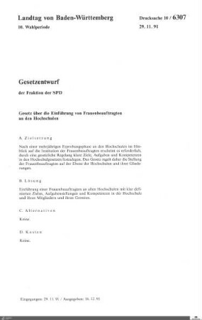 Gesetzentwurf der SPD: Einführung von Frauenbeauftragten an den Hochschulen