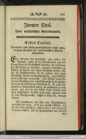 Zweyter Theil. Vom innländischen Getreidehandel