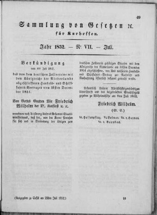 Sammlung von Gesetzen für Kurhessen. Jahr 1852. - Nr. VII. - Juli.