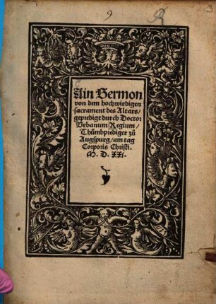 Ain Sermon von dem hochwirdigen sacrament des Altars