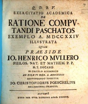 Exercitatio academica de ratione computandi paschatos exemplo a. MDCCXXIV. illustrata