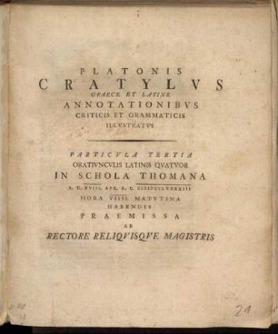 3: Platonis Cratylvs Graece Et Latine Annotationibvs Criticis Et Grammaticis Illvstratvs. Particvla Tertia