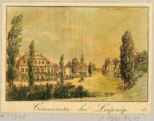 Ansicht von Connewitz (Leipzig-Connewitz) südlich von Leipzig mit der alten Dorfkirche, Ausschnitt aus Wagners Bilderbogen bei Lenz um 1830