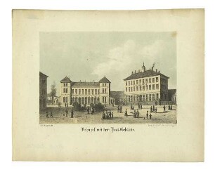 Bahnhof und Postgebäude am Bahnhofsplatz. 1855