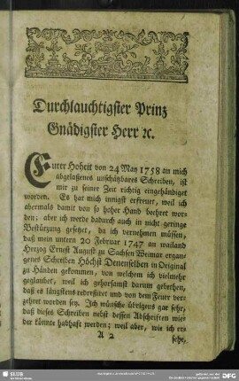 Durchlauchtigster Prinz Gnädigster Herr [et] c. [Erster Satz]
