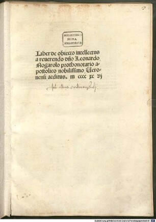 De obiecto intellectus : mit Widmungsbrief des Autors an Antonius Salernitanus und Sanctorus Siculus