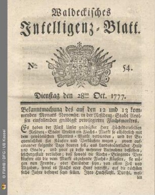 No. 54. Dienstag den 28ten Oct. 1777