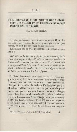 Sur la relation qui existe entre un cercle circonscrit a un triangle et les éléments d'une conique inscrite dans ce triangle.
