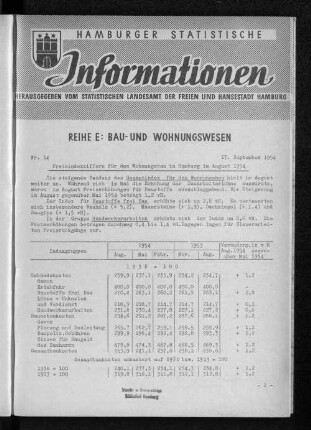 Preisindexziffern für den Wohnungsbau in Hamburg im August 1954 : Nr. 14