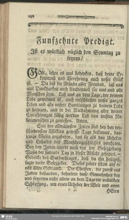 Funfzehnte Predigt. Ist es würklich nüzlich den Sonntag zu feyren?