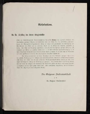 Resolution : an Se. Exzellenz den Herrn Kriegsminister