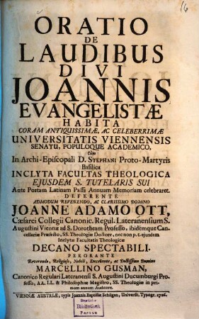 Oratio de laudibus divi Joannis evangelistae ... annuam memoriam celebraret