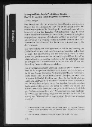 Synerigeeffekt durch Projektkoordination : Das VD 17 und die Sammlung Deutscher Drucke