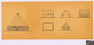 Estebrügge ([Landkreis Jork]): Hof Johann Quast, Nummer 11. - Haupthaus (Giebel-Ansicht). - [Schuppen] (Längsschnitt, Querschnitt, Grundriss, Seiten-Ansicht, Giebel-Ansicht)