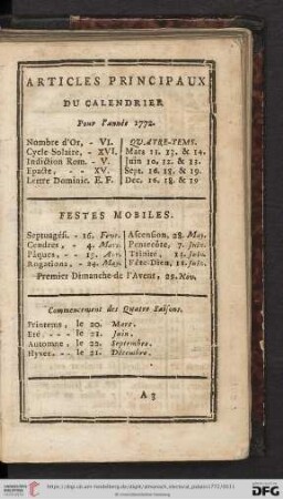 Articles principaux du Calendrier pour l'Année 1772