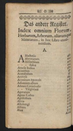 Das andere Register. Index omnium Florum, Herbarum, Aroborum, aliarumque ....