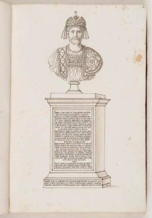 Bildnisbüste des oströmischen Kaisers Maurikios, in: Series continuata omnium Imperatorum [...], Bd. 3, Bl. 9