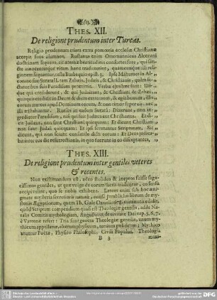 Thes. XIII. De religione prudentum inter gentiles veteres & recentes