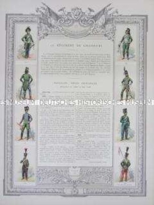 Uniformdarstellung, Rüstungen und Uniformen von Soldaten des 17. Jäger-Regiments zu Pferde und Zeittafel von Schlachten und Belagerungen mit Beteiligung dieses Regiments bzw. seiner Vorläufer, Frankreich, 1793-1830.