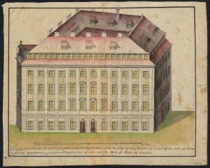 Haus des spanischen Botschafters José de Onis in Dresden, aquarellierte Tuschefederzeichnung, um 1780 : Jachada del Medio dia de la Casa que posée en Dresde el excelentisimo Senor Don Josef de onis, Cavallero de la distinguida ordern des Carlos III., Catraordinario, y Ministro Plenipotenciario de S.M. Catholica Cerca del elector de Saxonia. - Dresde , [um 1780]. - 1 Aufriss : aquarellierte Tuschefederzeichnung ; 34 x 27 cm +++ Maßstab in graphischer Form (Ellen)