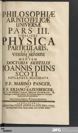 Philosophiæ Aristotelicæ Universæ Pars III. Videlicet Physica Particularis