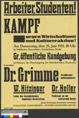 Plakat der Sozialistischen Studentengruppe Braunschweig (Sozialistische Studentenschaft) zu einer Kundgebung am 25. Juni 1931 in Braunschweig
