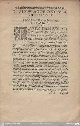 Divinae Astronomiae Studiosis.