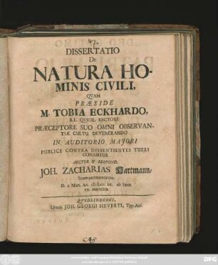 Dissertatio De Natura Hominis Civili