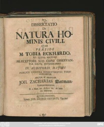 Dissertatio De Natura Hominis Civili