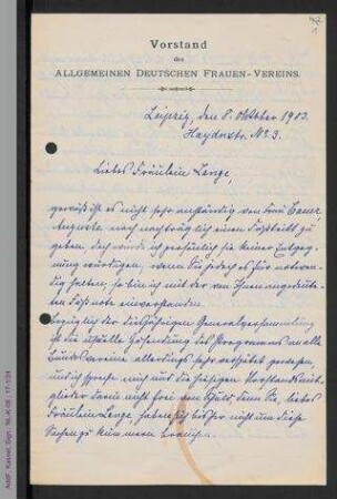 Brief von Anna Schmidt an Helene Lange