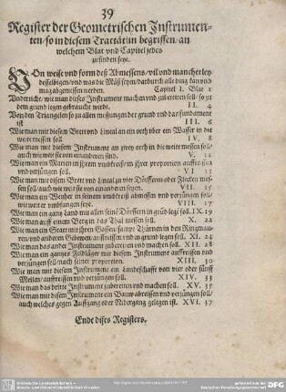 Register der Geometrischen Instrumenten/ so in diesem Tractlin begriffen/ an welchem Blat und Capitel jedes zufinden seye.