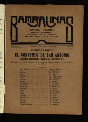 El Convento de San Antonio : (Sociedad Protectora "Amigos del Conventillo") ; sainete en tres cuadros
