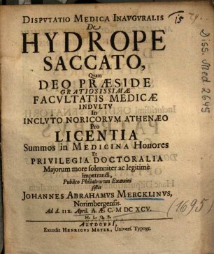 Dispvtatio Medica Inavgvralis De Hydrope Saccato