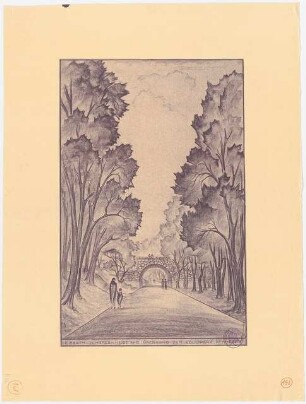 Erweiterungsplanung Volkspark Jungfernheide (Nordostteil), Berlin-Wedding: Perspektivische Ansicht mit Blick auf die Wegeunterführung zum Volkspark Rehberge (auf die Brücke), Stempel