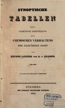 Synoptische Tabellen oder gedrängte Darstellung des chemischen Verhaltens der salzfähigen Basen