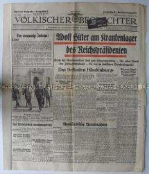 Tageszeitung "Völkischer Beobachter" u.a. zum Besuch Hitlers am Krankenbett von Hindenburg