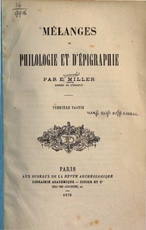 Mélanges de philologie et d'épigraphie : Par E. Miller, 1