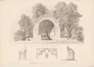 Grabmal im Park, Griesel: Grundriss, Ansichten, Schnitt (aus: Architektonisches Skizzenbuch, H. 133/4, 1875)