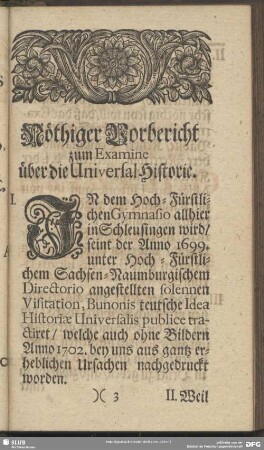 Nöthiger Vorbericht zum Examine über die UniversalHistorie