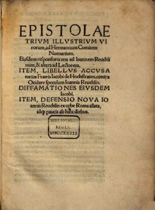 Epistolae trium illustrium virorum ad Hermannum Comitem Nuenarium