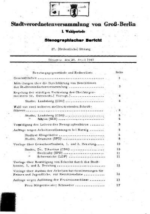Nr. 27, 29. April 1947, Ordentliche Sitzung