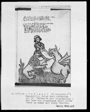 Jean de Mandeville, Reise nach Jerusalem — Der Herr von Brunezwigk hilft dem Löwen im Kampf mit dem Drachen, Folio 97recto