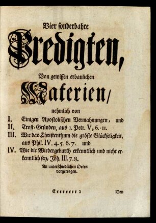 Vier sonderbahre Predigten, Von gewissen erbaulichen Materien ...