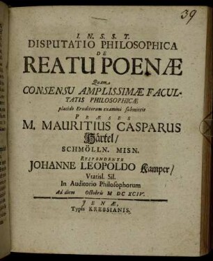 Disputatio Philosophica De Reatu Poenae
