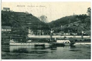 Meißen. Gasthaus zur Knorre - Elbe mit Schlepper