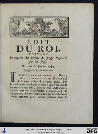 Édit du Roi, portant Exemption des Droits de péage corporels sur les Juifs.