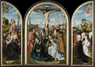 Kreuzigungstriptychon mit den Stiftern Nikolaus Humbracht (gest. 1504) und Greda Brun, geb. Faut von Monsberg (gest. 1501)