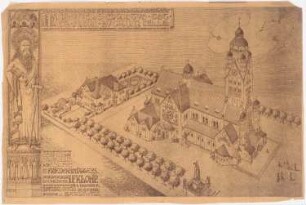 Paulus-Kirche und Pfarrhaus, Friedenshütte: Perspektivische Ansicht (Vogelschau)