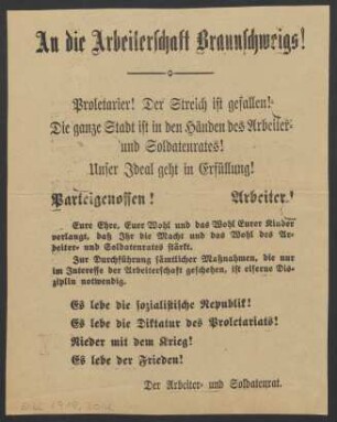 An die Arbeiterschaft Braunschweigs!